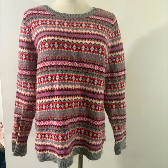 Talbots Women’s Sz M Lambswool Blend Fair Isle Nordic Crewneck Sweater Pink Gray - Picture 1 of 10